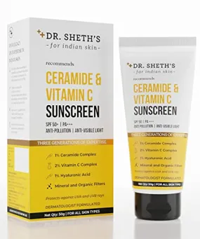 Dr. Sheth's Ceramide & Vitamin C Sunscreen SPF 50  PA    | For Deep Moisturization | Non-Greasy, Quick-Absorbing | Zero White Cast | For Women & Men | UVA UVB Sun Protection | 50g