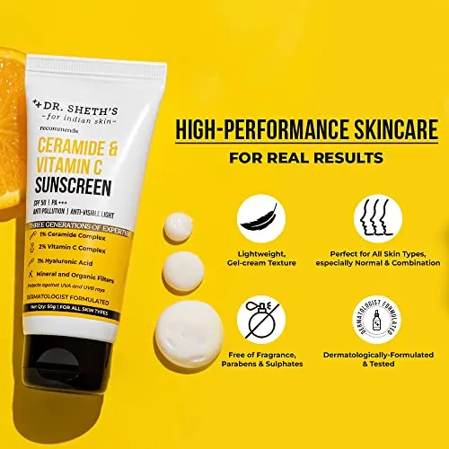 Dr. Sheth's Ceramide & Vitamin C Sunscreen SPF 50  PA    | For Deep Moisturization | Non-Greasy, Quick-Absorbing | Zero White Cast | For Women & Men | UVA UVB Sun Protection | 50g