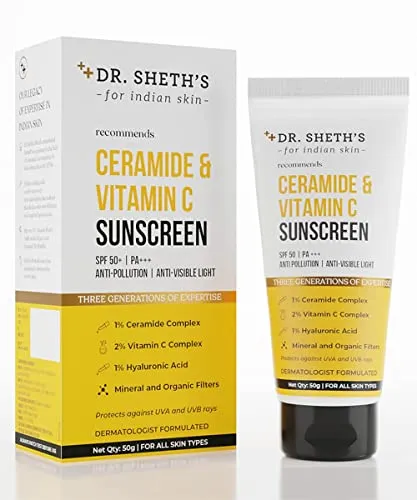Dr. Sheth's Ceramide & Vitamin C Sunscreen SPF 50  PA    | For Deep Moisturization | Non-Greasy, Quick-Absorbing | Zero White Cast | For Women & Men | UVA UVB Sun Protection | 50g