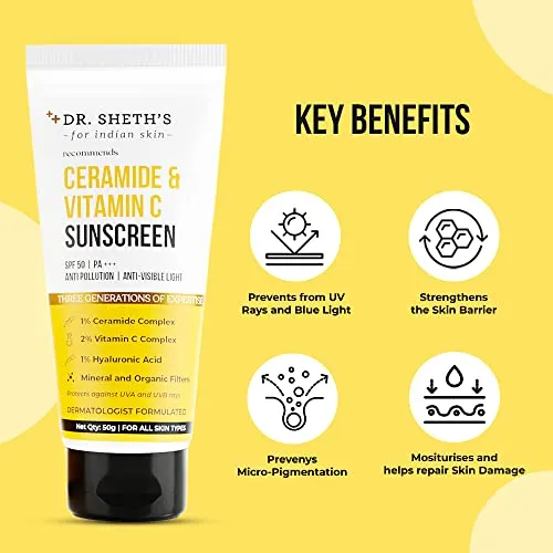 Dr. Sheth's Ceramide & Vitamin C Sunscreen SPF 50  PA    | For Deep Moisturization | Non-Greasy, Quick-Absorbing | Zero White Cast | For Women & Men | UVA UVB Sun Protection | 50g