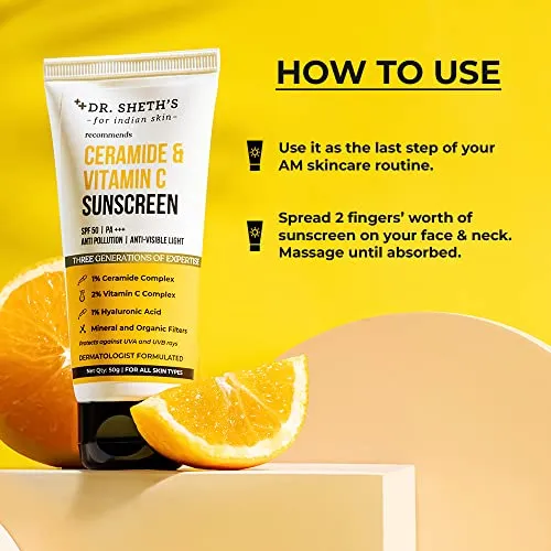 Dr. Sheth's Ceramide & Vitamin C Sunscreen SPF 50  PA    | For Deep Moisturization | Non-Greasy, Quick-Absorbing | Zero White Cast | For Women & Men | UVA UVB Sun Protection | 50g